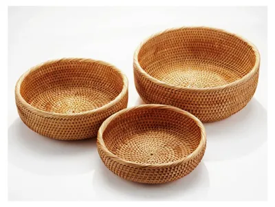 Produktbild von Runde Rattan Obstkörbe, Natürliche Korbfruchtschalen, Geflochtene Aufbewahrungskörbe für das Esszimmer (3er-Set)