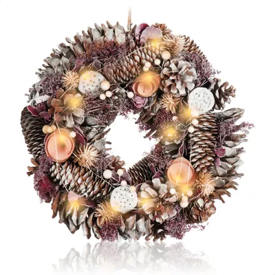 Produktbild von COM-FOUR® LED Türkranz mit Timer - Adventskranz mit LED-Beleuchtung, Pinienzapfen und rosa Blüten - Weihnachtsdeko - Weihnachtskranz mit 12 warmweißen LED