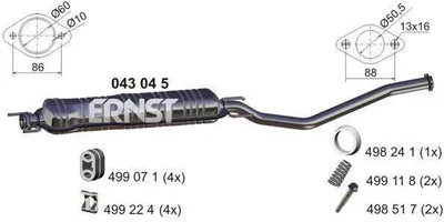 Produktbild von ERNST 043045 Mittelschalldämpfer Schalldämpfer für OPEL VECTRA B (36) VECTRA B Caravan (31) VECTRA B CC (38)