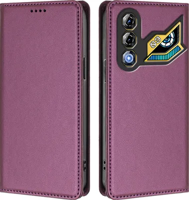 A flip case for a smartphone, shown from both the front (closed) and back (open) views.