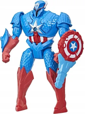 A toy action figure of Captain America in a stylized, armored design, standing against a white background.