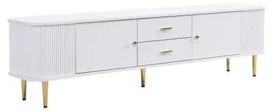 Obrázok produktu pre Moderná TV skrinka – komoda pod televízor do obývačky – 170 × 34 × 45 cm – vyrobená z MDF s zásuvkami – zaoblené rohy – zlaté úchytky a nožičky – biela farba