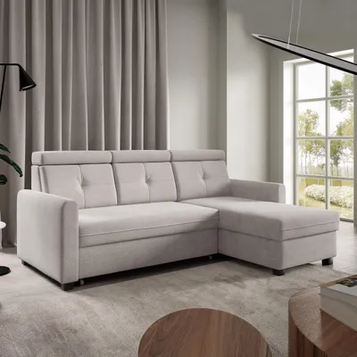 Image de Canapé d'angle MILANO beige, en L - avec fonction sommeil, coffre de lit & ottomane à droite