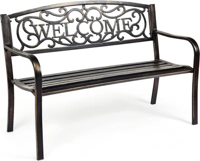 A metal garden bench with the word "WELCOME" on the backrest, shown against a white background.