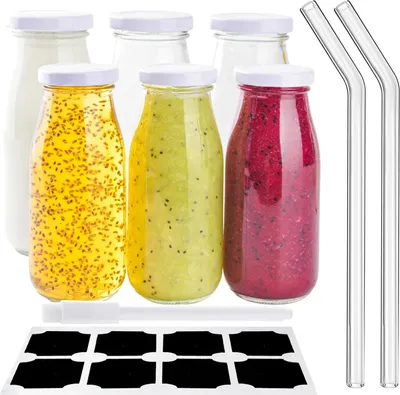 Produktbild von Glas-Milchflaschen 250 ml - Wiederverwendbare Saftflaschen mit Deckeln, Strohhalmen und Etiketten