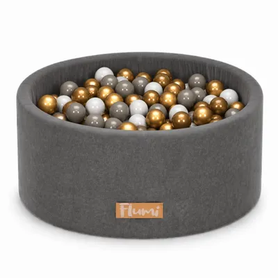 Produktbild von Flumi Bällebad Baby - Bällepool Kinder 90x40cm mit 200 Bällebad Bälle ∅ 7cm in EU hergestellt - Hellgrau +Goldene Bälle