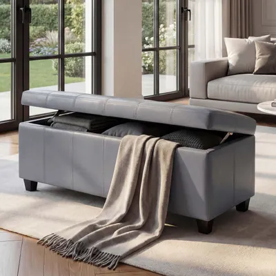 Image de Coffre de rangement Banquette Kriens, cuir + similicuir, 112x45x45cm FSC®- ~ gris