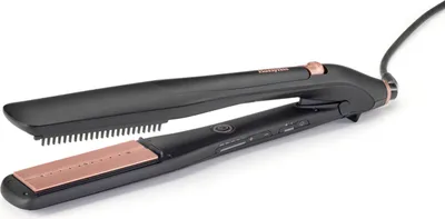 A black and rose gold hair straightener is shown against a white background.