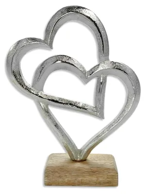Produktbild von Metallfigur Zwei Herzen auf Holzfuß 13 x 17 cm Dekofigur Tischdeko