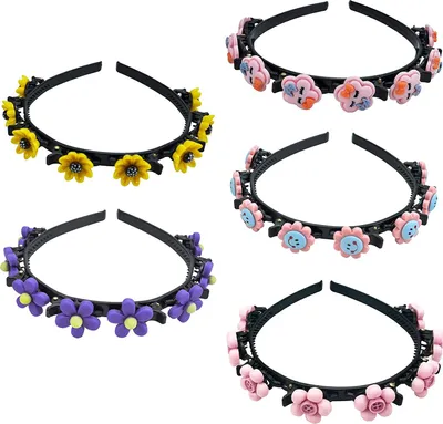 Produktbild von 5 Stück Mädchen Haarreifen mit Klammern, Süßer Blumen Bangs Clips Hairstyle Hairpin, Prinzessin Haarclips Haarbänder Frisurenhilfe Haarreif mit Clips, Twist Clip Stirnband Mädchen Haarschmuck