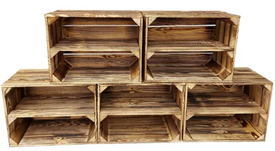 Produktbild von 5er Vintage Holzkisten Geflammte mit Regalbrett - 40x30x24 cm - Vintage Deko and Aufbewahrung