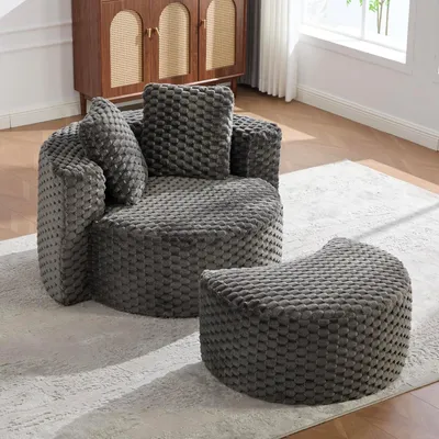 Produktbild von XXL-Sessel mit Hocker, runder Schlafsessel 130x115x103 cm | Loungesessel ohne Montage, bodennahes Sofa für Wohnzimmer und Schlafzimmer, weich gepolstert, dunkelgrau