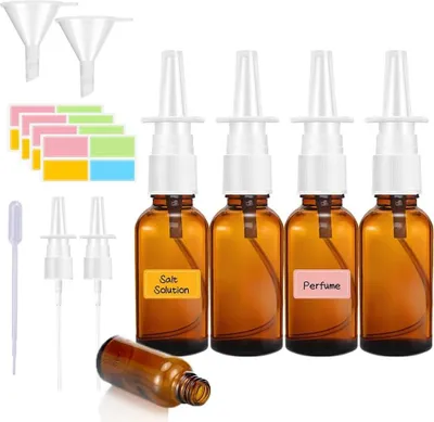 Produktbild von GQunit Nasenspray Flaschen Set, 4 x 30ml Braunglas Sprühflaschen mit Zerstäuber, 2 Trichter, Etiketten für Kochsalzlösung, Parfüm