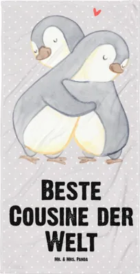 Produktbild von Mr. & Mrs. Panda Strandtuch Pinguin Beste Cousine der Welt - Grau Pastell - Geschenk, Kusine, Familie, Cousin, Verwandtschaft, Handtuch, Duschtuch, Strandlaken