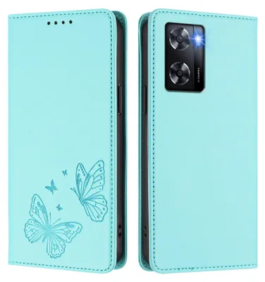 Image de Étui en cuir pour Oppo A57e/A57s/A57 4G/A77s/A77 4G, motif papillon en relief, étui à rabat avec porte-appareil, vert menthe