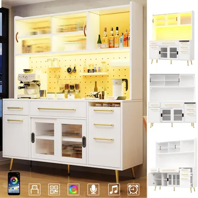 Produktbild von Buffetschrank Weiß mit LED-Beleuchtung & Pegboard, 145x39x171cm Küchenschrank mit Glastür & Schubladen, Modernes Sideboard aus robustem MDF