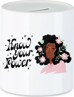 Produktbild von Know Your Power Spardose Spruch Motiv Geschenk für Superheldinnen Frauenpower Frauentag Feminismus
