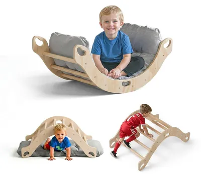 Produktbild von COSYLAND Kletterbogen mit Kissen, Holzwippe aus Holz, Krabbeltunnel, Indoor