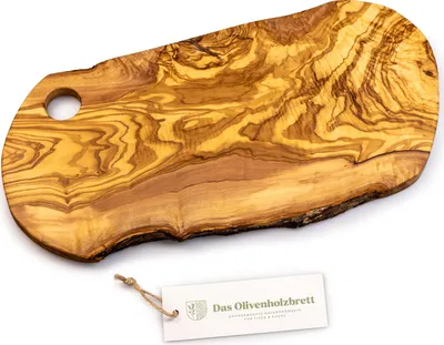 Produktbild von Brotzeitbrett aus Olivenholz im Naturschnitt mit Loch 55 cm