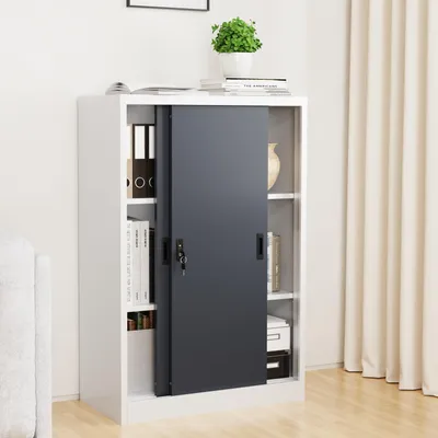 Produktbild von VCM Metall Büroschrank H. 120 x B. 80 x T. 40 cm / Aktenschrank Büromöbel für Ordner / Stahlschrank abschließbar / Schiebetürenschrank Malivo 3 fach mit Schiebetüren