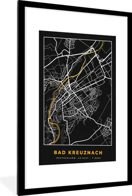 Produktbild von MuchoWow® Gerahmtes Poster Deutschland - Schwarz und Gold - Bad Kreuznach - Stadtplan - Karte 60x90 cm - Poster mit Schwarzem Bilderrahmen Wandposter Rahmen Foto Bilder - Dekoration - Wandposter Wohnzimmer - Hochwertig