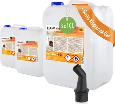 Three large plastic containers of bioethanol are displayed on a white background, with a black pouring spout in the foreground.