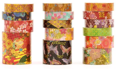 Produktbild von Set mit 15 japanischen Sakura-Washi-Bändern mit traditionellen Kimono-Motiven