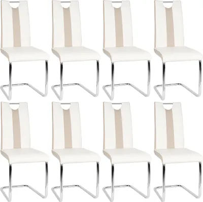 Produktbild von 8er-set Esszimmerstühle Freischwinger Schwingstuhl Küchenstuhl aus Metall & Kunstleder,Hochlehner Sitzgruppe für Esszimmer&Küche Weiß+Beige