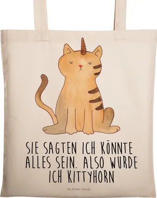 Produktbild von Mr. & Mrs. Panda Shopping Tasche Einhorn Katze - Transparent - Geschenk, Unicorn, Schultasche, Regenbogen, Einkaufstasche, Glitzer, Laptoptasche, Mieze, Stoffbeutel