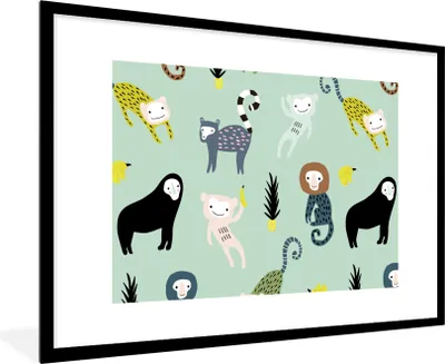 Produktbild von MuchoWow® MuchoWow® Gerahmtes Poster Affe - Obst - Pastell 90x60 cm - Poster mit zchwarzem Bilderrahmen - Wanddekoration - Fotos
