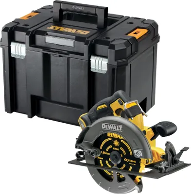A black DeWalt tool box and a yellow and black DeWalt circular saw are shown against a white background.