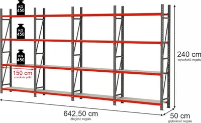 Zdjęcie produktu dla Regał magazynowy metalowy zestaw cztery moduły 16-półkowy Mega-M FORTIS 240x642,5x50cm
