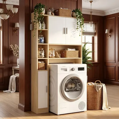 Produktbild von Waschmaschinenschrank mit 3 Türen, Verstellbare Ablagen | Waschmaschinenregal mit 5 offenen Fächern, für Badezimmer, Toilette, Waschküche