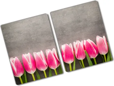 Produktbild von Tulup Glas Herdabdeckplatte - 2x40x52 cm - Glaskeramikkochfeld-Abdeckung Spritzschutz Glasabdeckplatte Kochplattenabdeckung und Schneidebrett - Zweiteilig - Blumen & Pflanzen - Rosa Tulpen - Rosa
