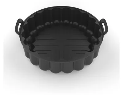 A black silicone air fryer liner with handles, shown from a slightly elevated angle against a white background.