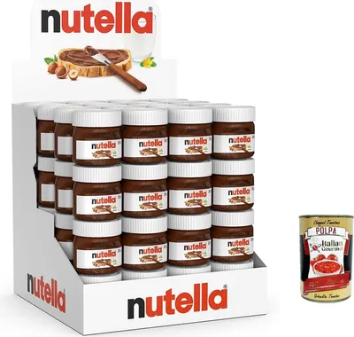 Produktbild von Ferrero Nutella Chocolate Auftrich Small – Glass – Set of 64 A 25 g Bread Spread, Nut Nougat Cream + Italian Gourmet polpa 400g