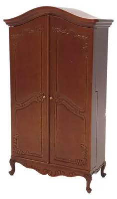 Produktbild von Miniatur Schrank aus Holz, Nussbaumfarbig, mit Schnitzerei. 1:12 Puppenstuben.