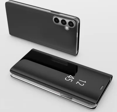 A black smartphone case with a clear view flip cover is shown in a studio setting.
