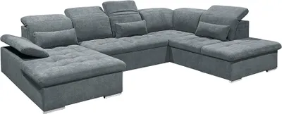 Produktbild von Wohnlandschaft mit verstellbaren Kopfstützen und Schlaffunktion in anthrazit, U-Form mit Bettkasten rechts, Serie WARRINGTON-09