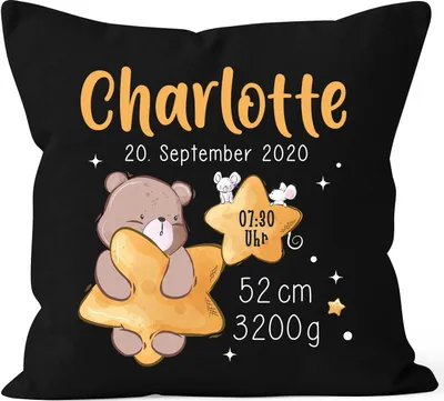 Produktbild von personalisierbarer Kissen-Bezug zur Geburt Bär Stern Geburtskissen Namenskissen Geschenk Geburt Baby SpecialMe® schwarz 40cm x 40cm
