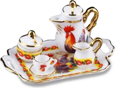 Produktbild von Miniatur Kaffeetablett Hahn aus Porzellan, Maßstab 1:12