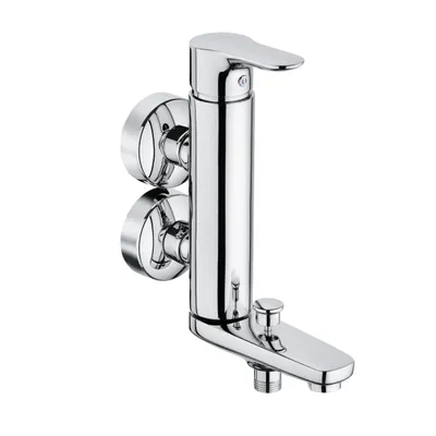 A chrome-finished bathtub faucet with two control knobs, mounted on a white background.