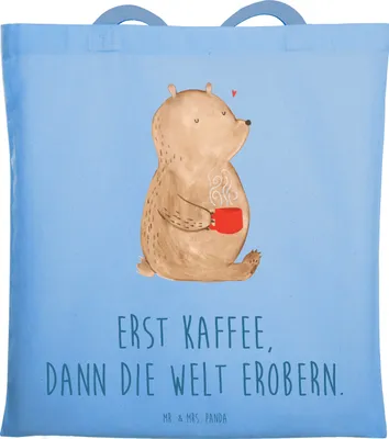 Produktbild von Mr. & Mrs. Panda Jutebeutel Bär Kaffee - Sky Blue - Geschenk, dokumententasche, Teddy, Tote Bag, Morgenroutine, Guten Morgen, Coffee, Motivation, festivaltasche, Tasche