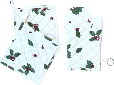 Immagine prodotto di Set natalizio 1 guanto da forno 16 x 30 cm e 2 guanti da forno 20 x 20 cm - Agrifoglio natalizio