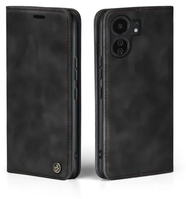 A black flip cover phone case is shown from two angles.
