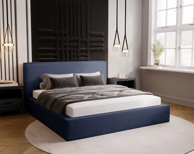 Image de Lit rembourré 180x200 Amare - Lit double, coffre de rangement, sommier à lattes métalliques - Velours, lit design, bleu foncé