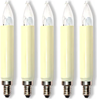Five candle-shaped light bulbs with cream-colored bases and clear glass tops, arranged in a row.