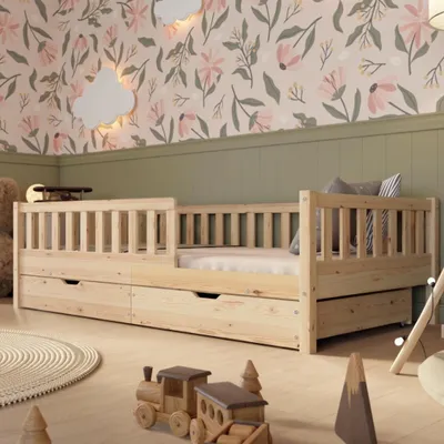Obrázok produktu pre Crazy Pine Detská posteľ so zásuvkou 200x90 cm – Masívna Podlahová posteľ z dreva s zábranou – Crazy Basic, Obrázok generovaný UI