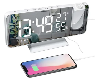 Projektionswecker mit FM-Radio, 7,5 Zoll Spiegeldisplay, USB-Ladegerät, Weiß