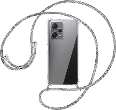 Produktbild von Handykette Backcover-Schutzhülle mit Band (Metall silberfarben) für Xiaomi Redmi Note 12 Pro Plus - weiß/grau kariert